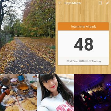Images of: a path with yellow leaves, food, a selfie and the interior of a disco