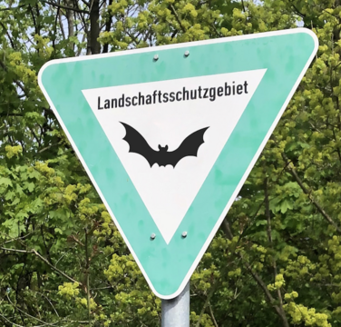 A traffic sign saying "nature reserve", a bat can be seen on it.
