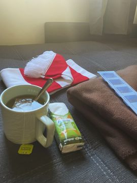 Scarf, tea cup, handkerchiefs, medicine box