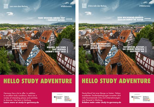 Deutschlandposter oben Blick auf Marburger Altstadt mit Fachwerkhäusern unten roter Banner mit Hinweis auf Website