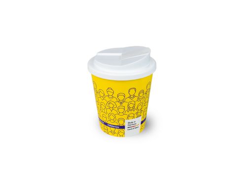 Ein 350 ml Kaffeebecher mit gelbem Design