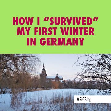 Social media format #SiGBlog by testimonial Thu. Picture shows wintry landscape. Title is "How I survived my first winter in Germany".