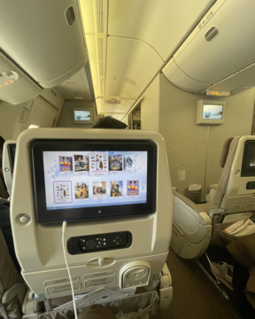 A picture taken inside a plane, the screen on the back of the next row shows a selection of movies.