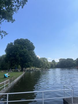 An outdoor swimming area in a bathing lake.