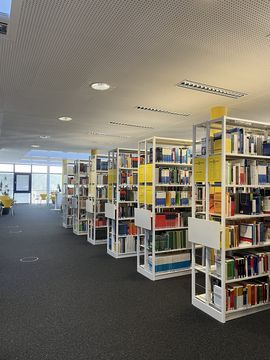 You can see many rows of bookshelves, all filled with books. In the background you can see large windows.